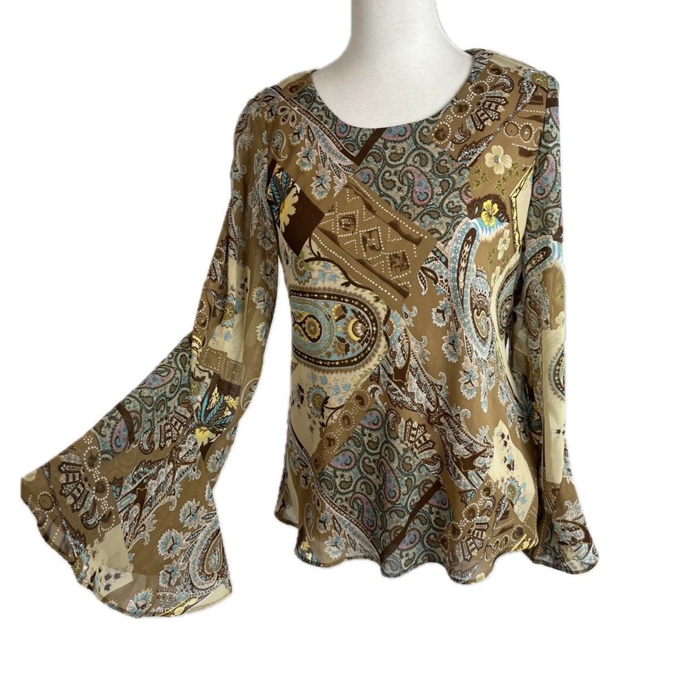 Vtg Y2K Patchwork Print Paisley Top Sz 8 Fairy Boho Phoebe Shimmer Sheer Overlay